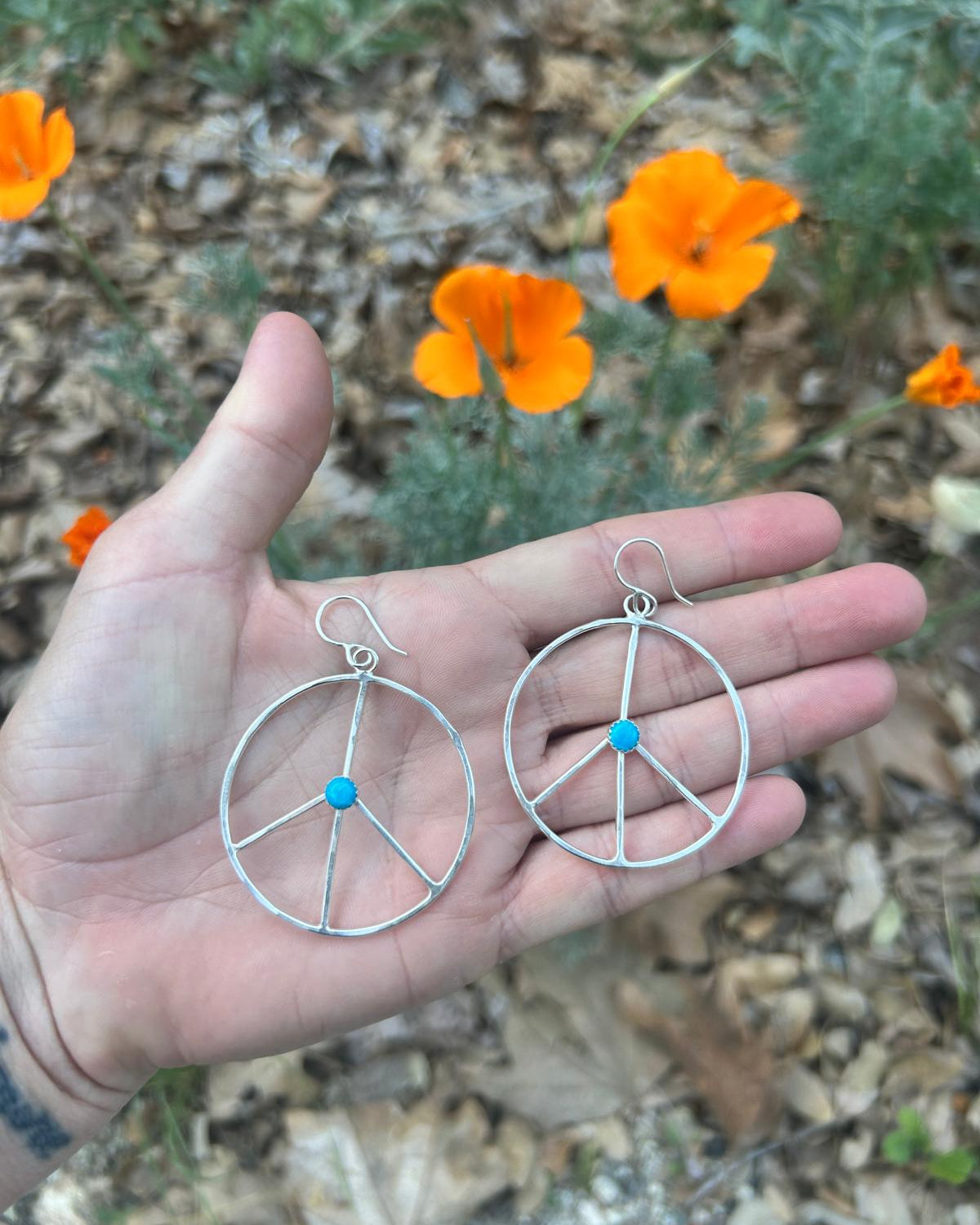 Blue Ridge Turquoise - Peace Sign Hoop Earrings - Jennifer Cervelli Jewelry