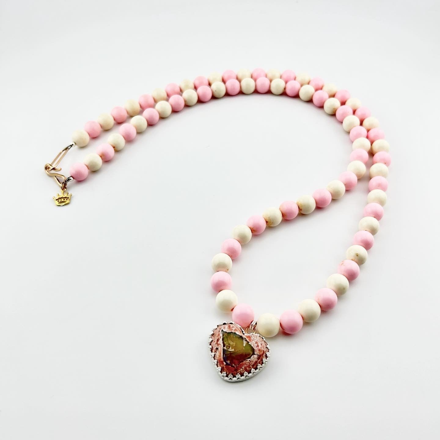 Barbie Necklace - Fire Opal Heart with Pink and White Vintage Beads - Jennifer Cervelli Jewelry